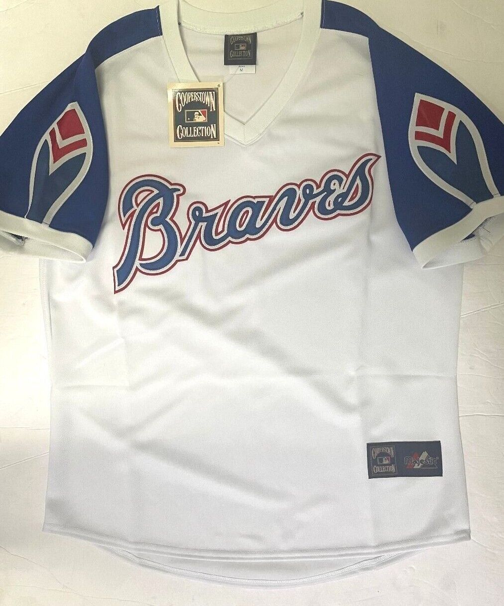 ATLANTA BRAVES 1970s THROWBACK COOPERSTOWN BLUE JERSEY NEW W TAGS MAJESTIC  MENS